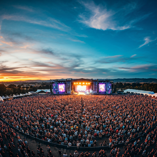 Wide shot of a crowd at an outdoor music festival in New Zealand at twilight, stage lights on the horizon