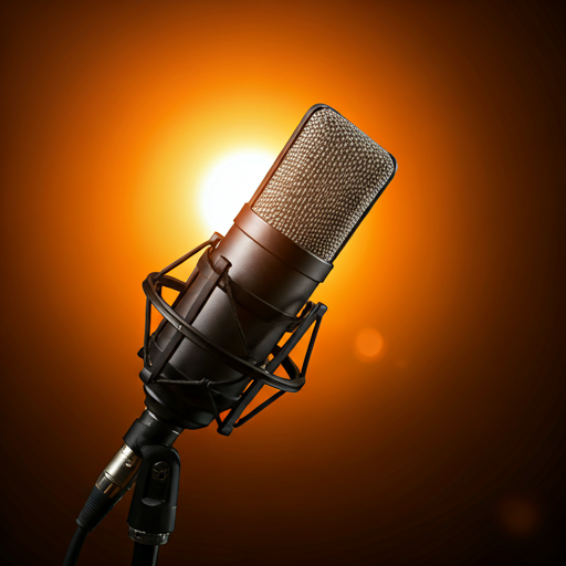 Close-up of a microphone on a stand with warm stage lighting